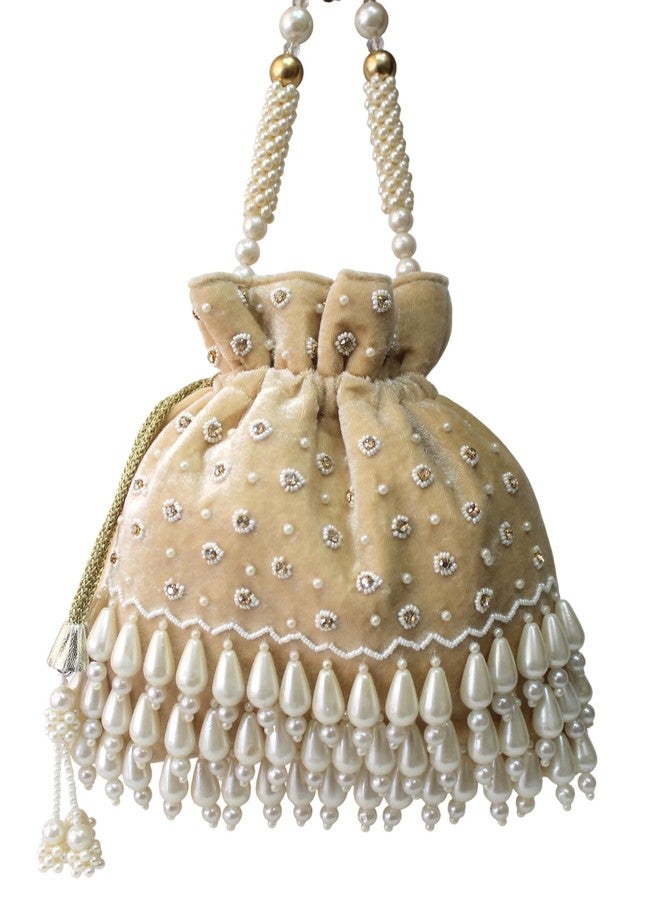 MILAN'S CREATION Pearl-Tassels Potli Bag Hand Embroidery Drawstring Velvet Potli Women's Handbag Purse With Pearl Handle & Tassel Purse (Gold) - Image 2